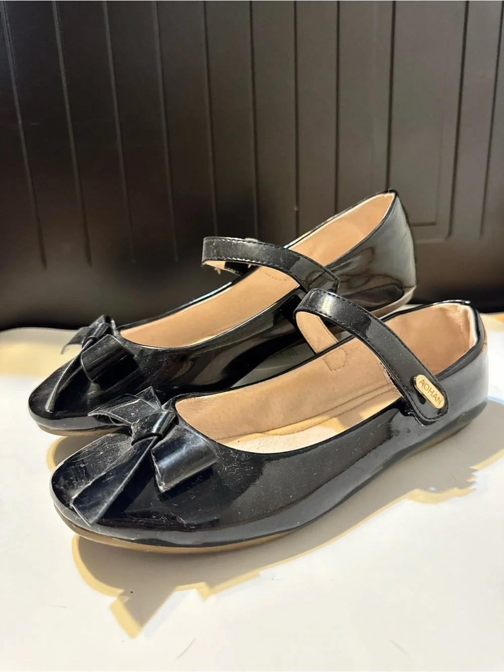 Black Patent Mary Jane Flats with Bow - Women's